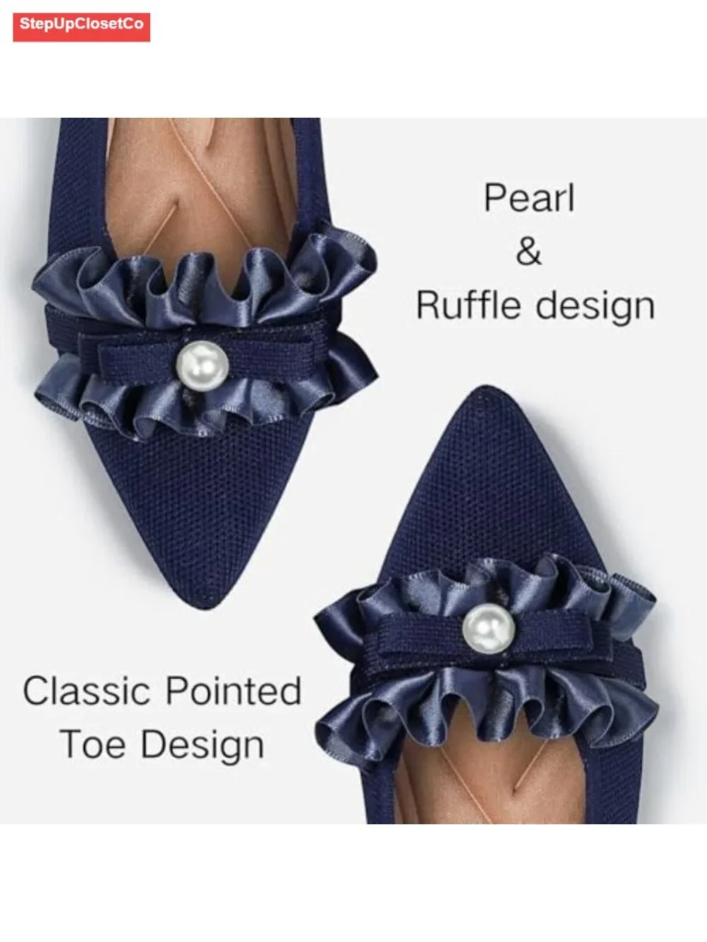 Pointed Toe Ballet Flats with Pearl Bow - Memory Foam Knit Slip-on Shoes